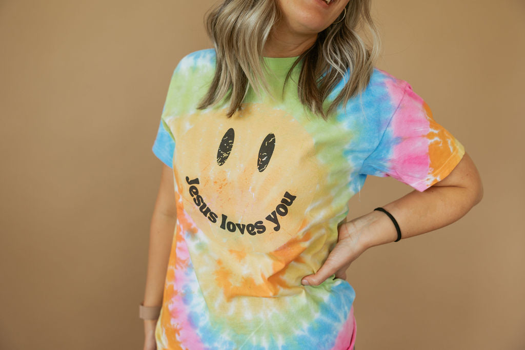 Jesus Loves You | Tie Dye Smiley | Tee | Adult-Adult Tee-Sister Shirts-Sister Shirts, Cute & Custom Tees for Mama & Littles in Trussville, Alabama.