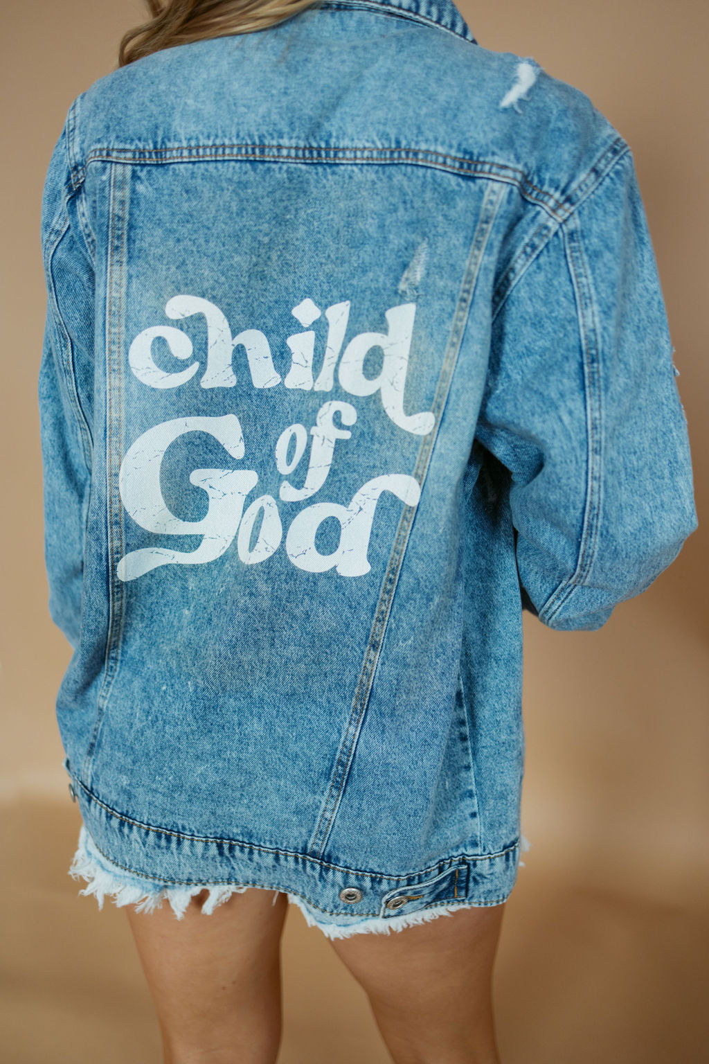 Child of God Distressed Denim Jacket-Jacket-BLUE AGE-Sister Shirts, Cute & Custom Tees for Mama & Littles in Trussville, Alabama.
