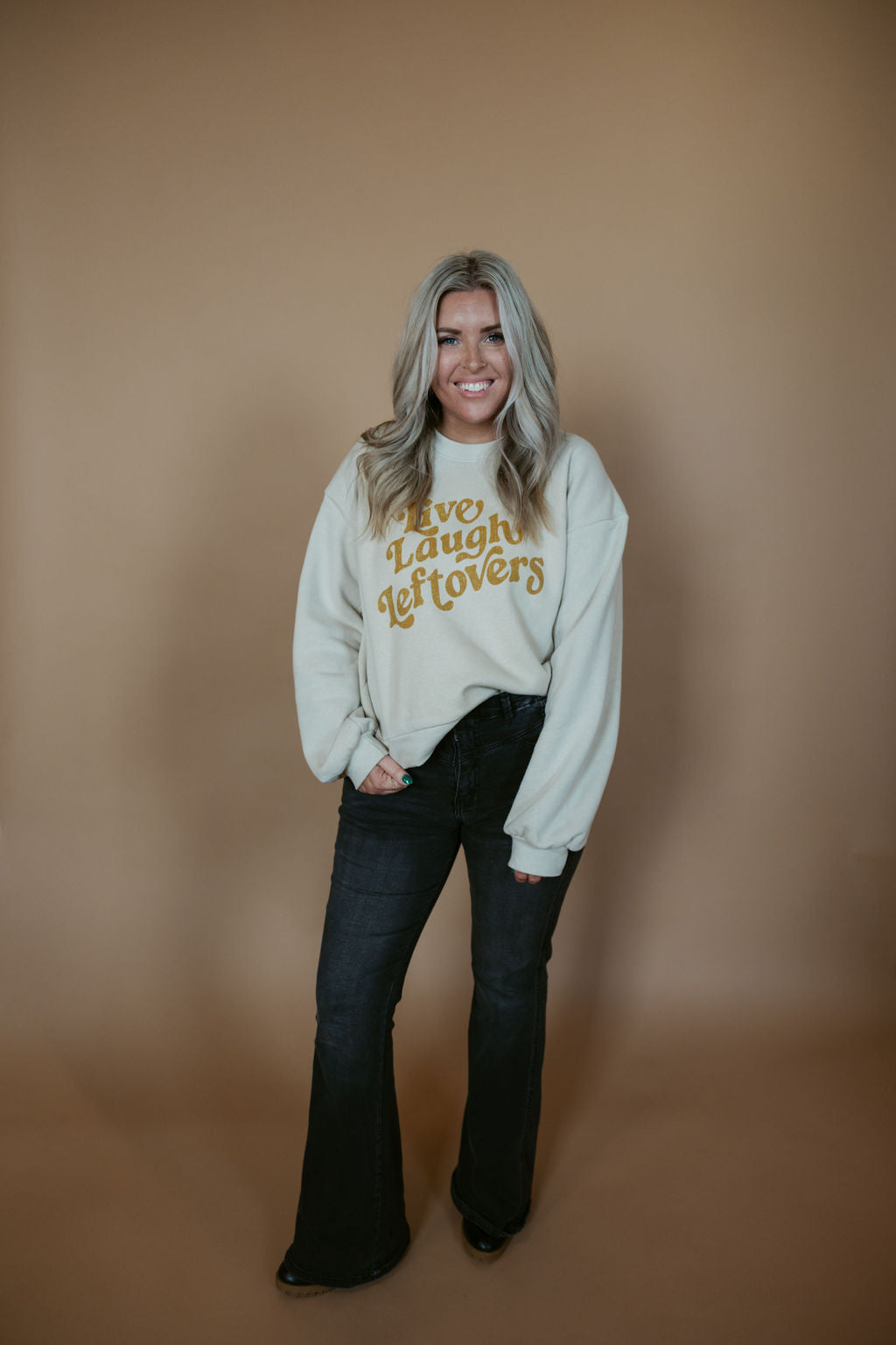 Live, Laugh, Leftovers | Adult Balloon Sleeve Mom Crop Pullover-Adult Pullover-Sister Shirts-Sister Shirts, Cute & Custom Tees for Mama & Littles in Trussville, Alabama.