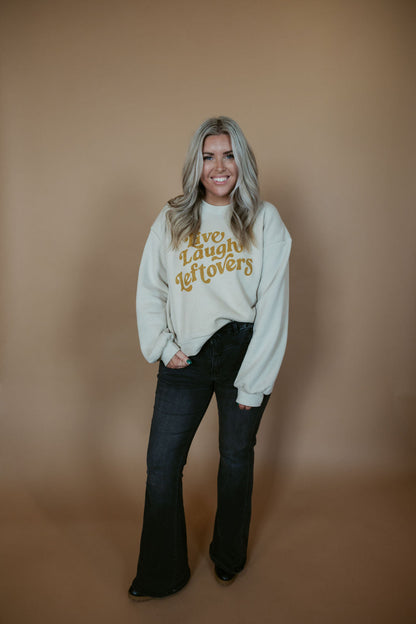 Live, Laugh, Leftovers | Adult Balloon Sleeve Mom Crop Pullover-Adult Pullover-Sister Shirts-Sister Shirts, Cute & Custom Tees for Mama & Littles in Trussville, Alabama.